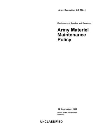 Army Regulation AR 750-1 Maintenance of Supplies and Equipment Army Materiel Maintenance Policy 12 September 2013