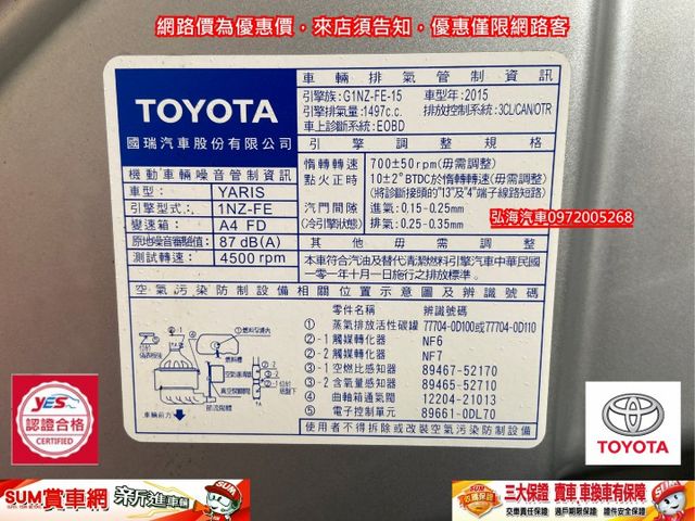 2014年領2015年1月領牌TOYOTA YARIS 1.5  I-KEY 僅跑12萬公里 一手女用車  第19張相片