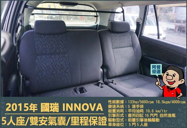 2015年國瑞INNOVA│5人座│一年僅跑三萬多公里│雙安全氣囊│兒童安全鎖│全車系第三方認證│全宇宙唯一不沒收訂金  第8張相片