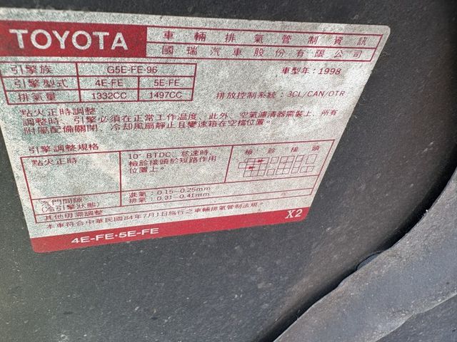 遮風避雨代步車 1998 TERCEL 能走能動 冷氣冷 客人換車留下 現況出售  第4張相片