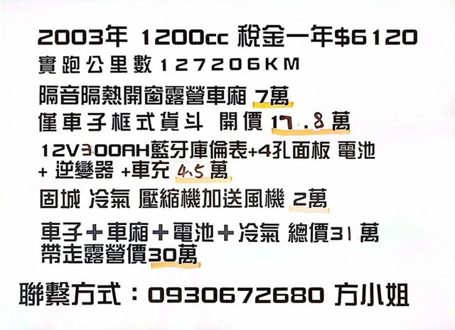 菱利自排貨車 貨車售價17.8萬 不含車廂 後廂露營車廂 僅貨車附贈框式 側板3片  第2張相片