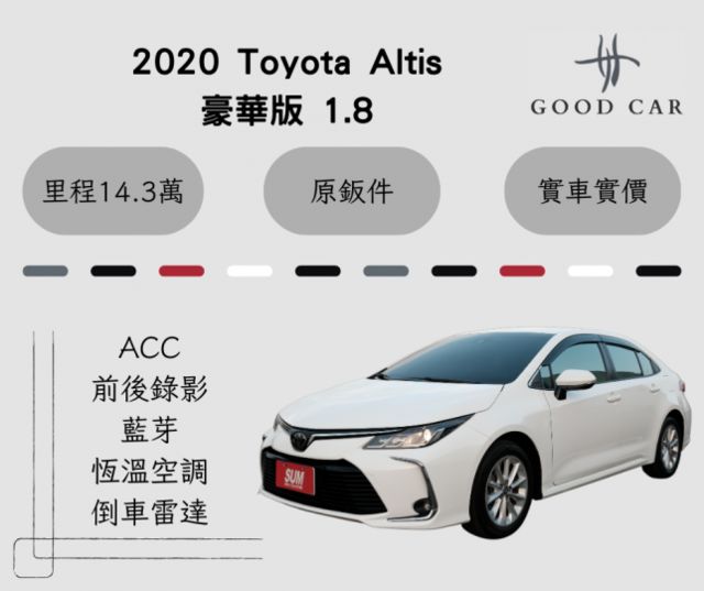 2020 Toyota Altis 豪華版1.8 藍芽 ACC 倒車雷達 前後錄影 恆溫空調 SUM保固兩年五萬公里  第1張相片