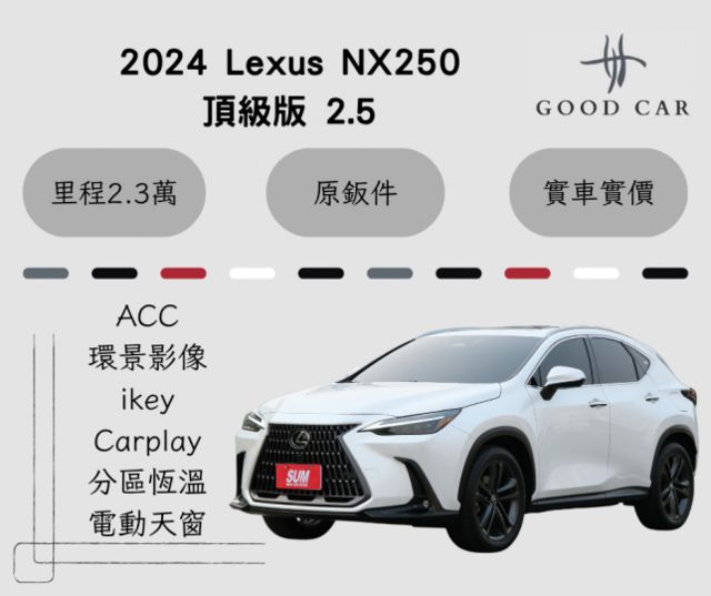 2024 Lexus NX250 頂級版 2.5 雙前座電動調整 電熱椅 電動天窗 盲點偵測 電動尾門 ACC  第1張相片