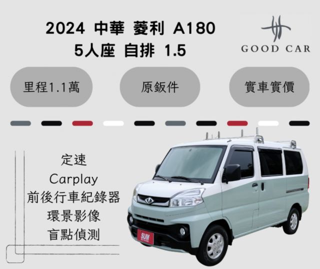 2024 中華 菱利 A180 五人座自排 1.5 定速 Carplay 環景影像 後座出風口 里程保證僅1.1萬  第1張相片