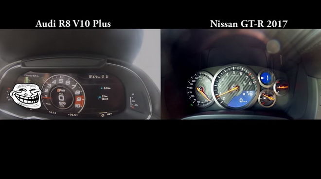 Nissan 2017 GT-R vs. Audi R8 V10 Plus 0-220km/h加速與排氣聲浪比拼