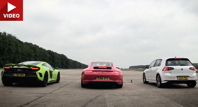 [影片]炙熱鋼砲「Volksawagen Golf R」直線加速越級挑戰「Porsche 911 GTS & McLaren 675LT」