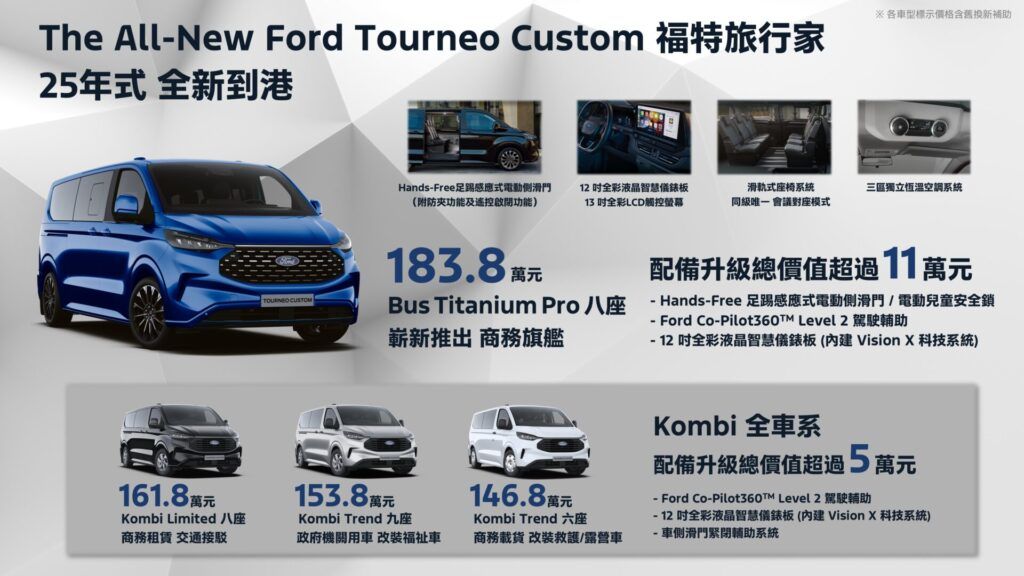 Ford Tourneo Custom福特旅行家 嶄新Bus Titanium Pro八座車型首度導入Hands-Free足踢感應式電動側滑門