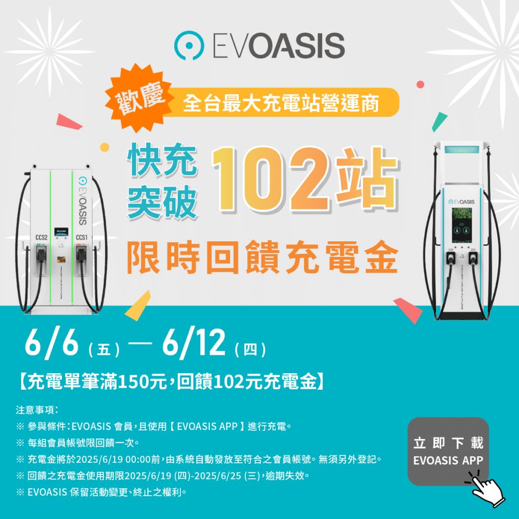 EVOASIS 超充站點突破 102 站！限時回饋 102 元，雙北新站即將爆發登場